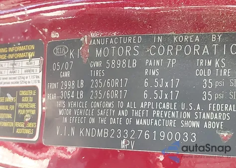 2007 Kia Sedona z USA, uszkodzony, nr VIN KNDMB233276190033